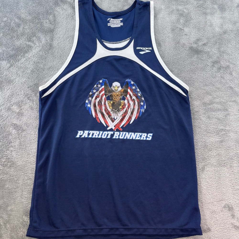 Brooks Mens Patriot Runners USA Eagle Running Tank Top Navy Blue Small